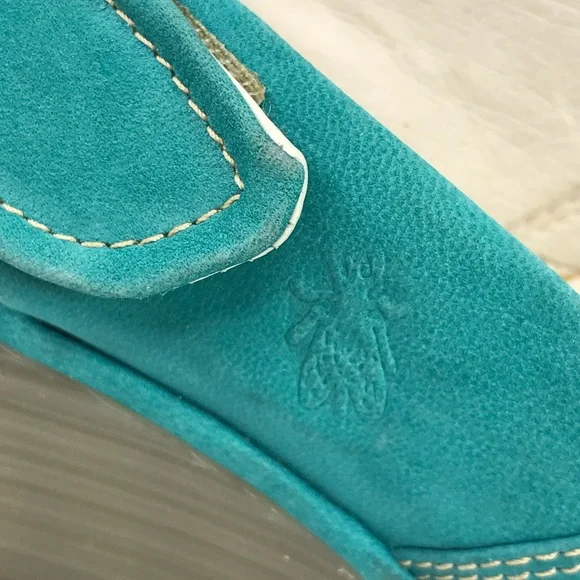 FLY LONDON Women's 39 8-8.5 Yakin Yata Knot Teal Suede Peep Toe Sling Back Wedge - Picture 7 of 10